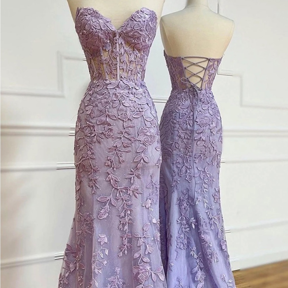 strapless purple lace mermaid prom dress w/ corset top